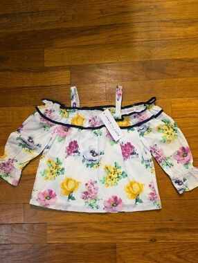 NWT Janie and Jack White Floral Off-Shoulder Blouse with Navy Trim Size 2T